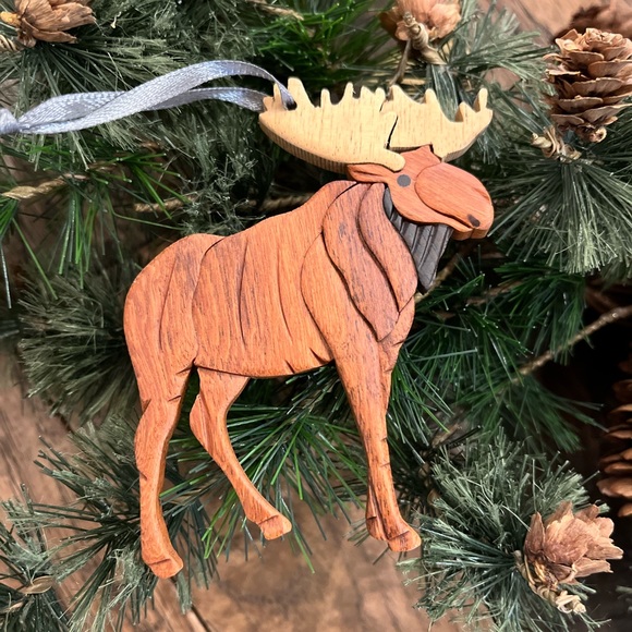 Standing Moose Intarsia Wood Ornament SET OF 6 - Picture 3 of 4